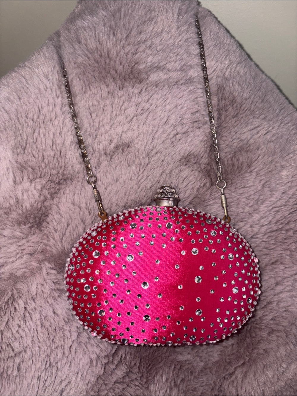 Bright Pink Crystal-Embellished Oval Evening Clutch
